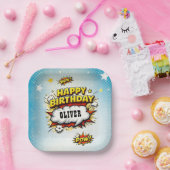 Comic Style Superhero Boy's Name Birthday Party  ペーパープレート (パーティー)