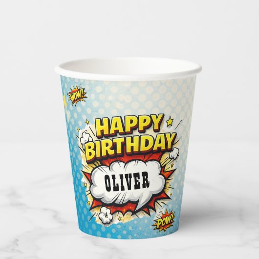 Comic Style Superhero Boy's Name Birthday Party  紙コップ (正面)