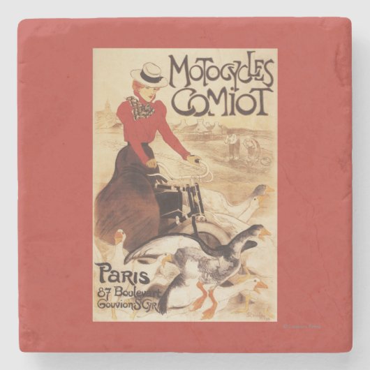Comiot Motocyclesの女性およびガチョウの広告宣伝ポスター ストーンコースター (正面)
