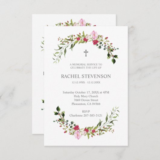 Commemorative In memoriam Floral in Pink & Red 招待状 (正面/裏面)