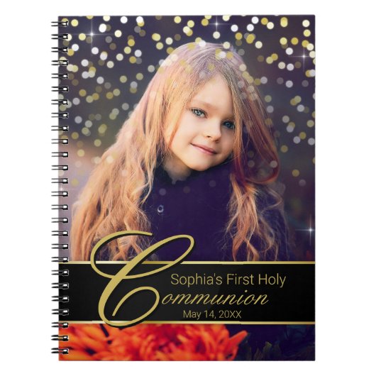 Communionフォトエレガント金ゴールドタイポグラフィグリッター ノートブック (正面)