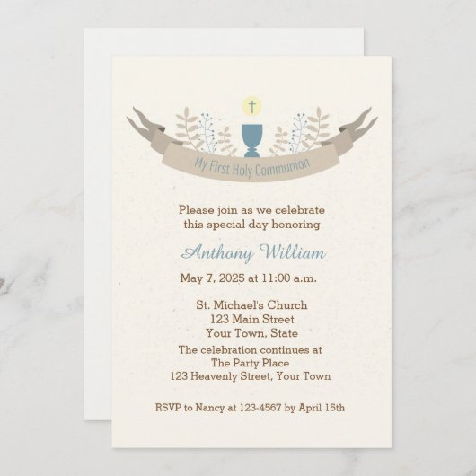 CommunionリボンとChalice 招待状 (正面/裏面)