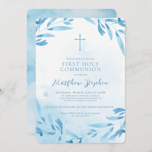 Communion Blue Waterカラー離れとクロス 招待状 (正面/裏面)
