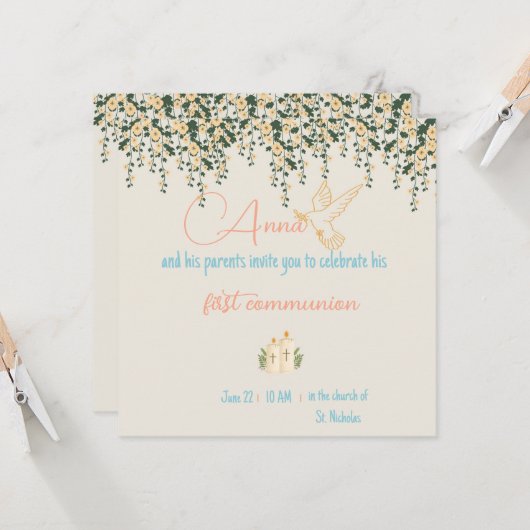 Communion invitation - Baptism invitation Girl カード (正面/裏面インサイチュ)