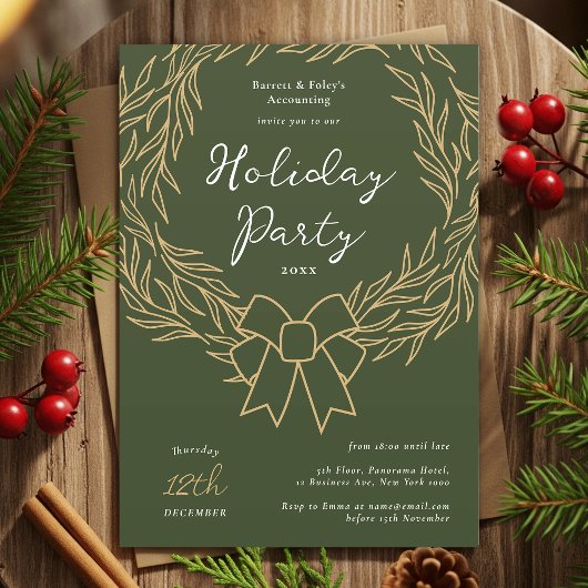 Company Holiday Party Green & Gold Wreath Business 招待状