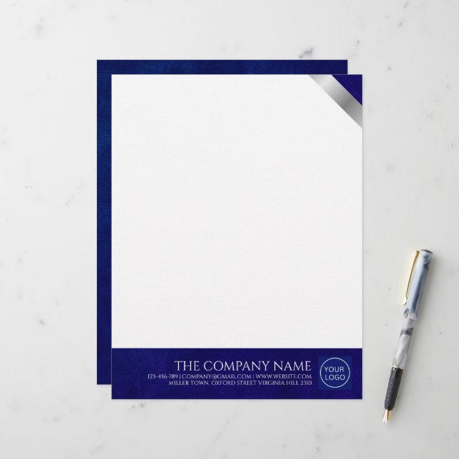 Company Logo Modern Royal Blue Leather Letterhead レターヘッド (正面/裏面インサイチュ)