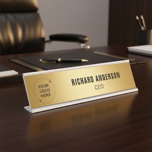 Company Logo Name Title Modern Gold Texture デスクネームプレート