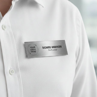 Company Owners Name Tag | Modern Silver Texture 名札