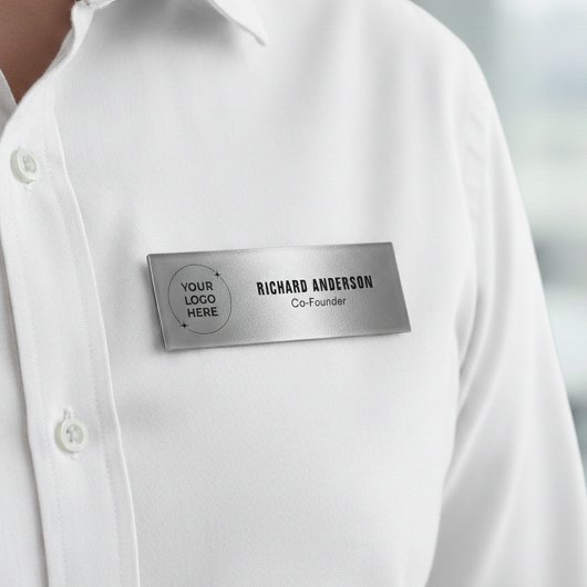 Company Owners Name Tag | Modern Silver Texture 名札