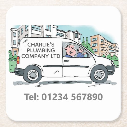 Company Vanに名前を付けたスモールビジネス スクエアペーパーコースター (正面)