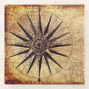 Compass Discovery Age World Map Vintage ガラスコースター