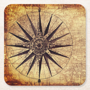 Compass Discovery Age World Map Vintage スクエアペーパーコースター