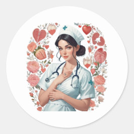 Compassionate Nurse – Elegant Floral Art Illustrat ラウンドシール
