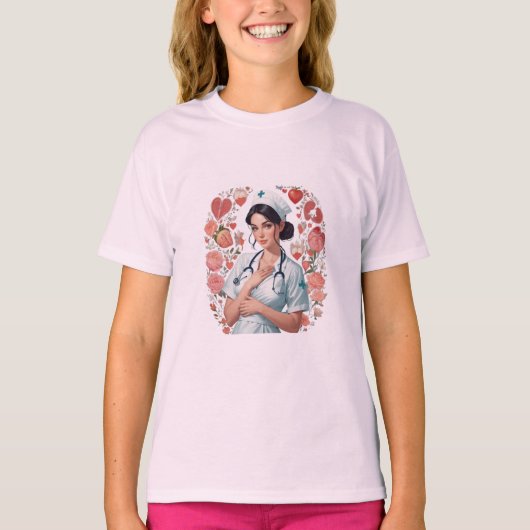 Compassionate Nurse – Elegant Floral Art Illustrat Tシャツ (正面)