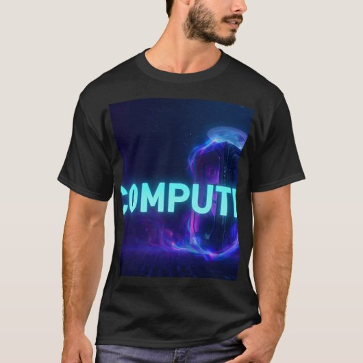 COMPUTE - サイバーパンク サーバーデザイン ネオンブルー 未来技術 Tシャツ (正面)