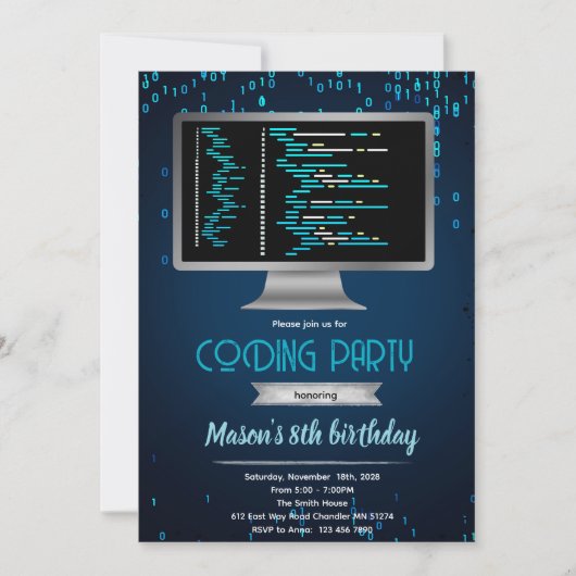Computer coding birthday party invitation 招待状 (正面)