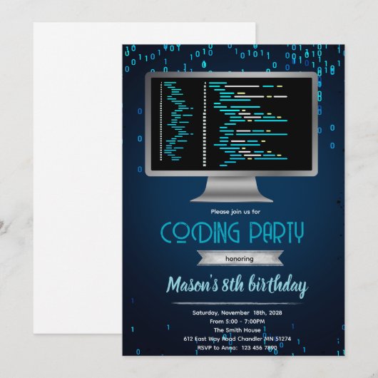 Computer coding birthday party invitation 招待状 (正面/裏面)