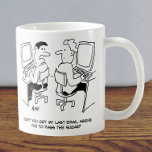 Computer Operator Emails Requesting Sugar コーヒーマグカップ<br><div class="desc">Computer operator turns round to his neighbouring co-worker to ask if he received his email asking him to "pass the sugar". Email communications cartoon. Data entry department in an IT office. Funny internet cartoon.</div>