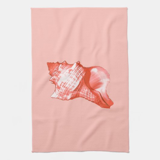 Conchシェルスケッチ – サンゴ、シェルピンクと白 キッチンタオル (縦)
