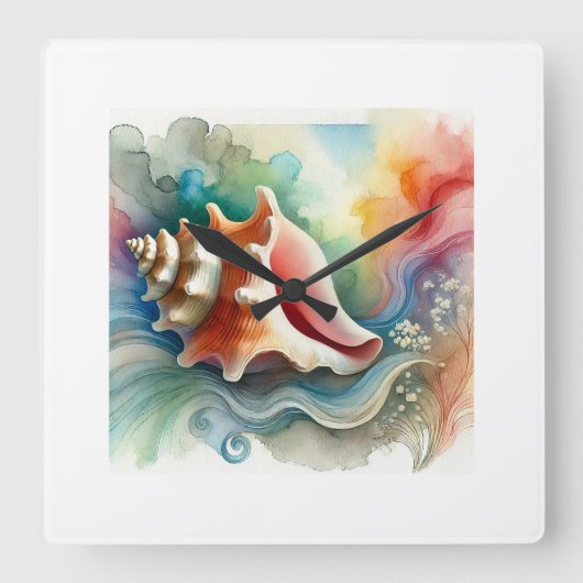 Conch Shell 160724AREF203 - Watercolor スクエア壁時計 (正面)