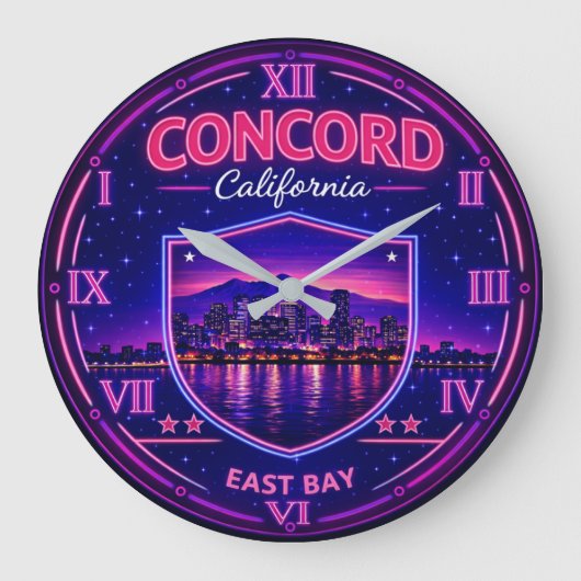 Concord California East Bay Skyline Neon ラージ壁時計 (正面)