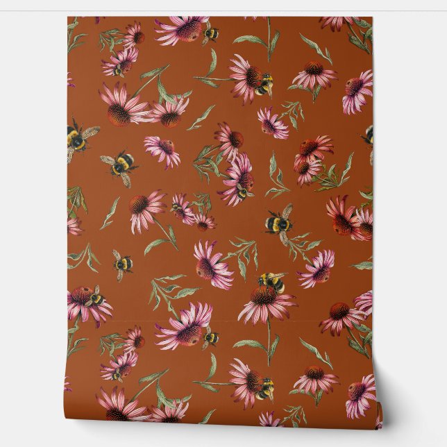 Coneflowers Echinacea Bees Pattern 壁紙 (ほどく)