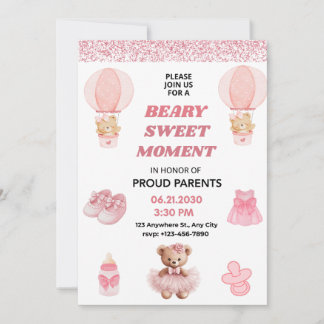 CONFETTI, BEARY SWEET MOMENT GIRL 5X7 BABY SHOWER 招待状