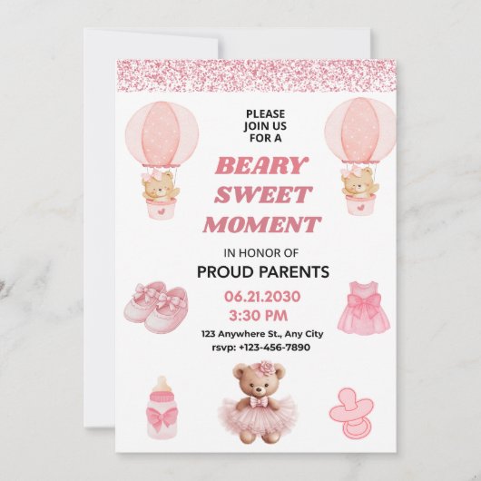 CONFETTI, BEARY SWEET MOMENT GIRL 5X7 BABY SHOWER 招待状 (正面)