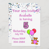 Confetti, Teddy Bear, Balloons Girl's 5th Birthday 招待状 (正面/裏面)
