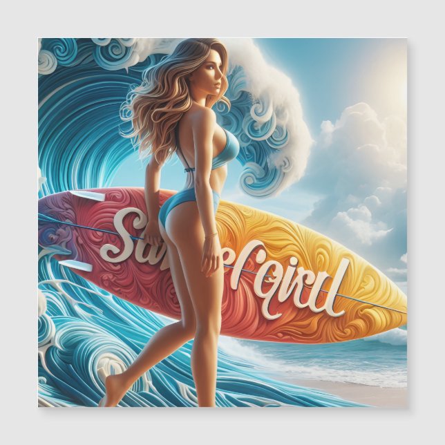 Confident Surfer Girl Walking Beach Waves Art (正面)