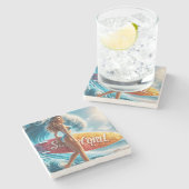 Confident Surfer Girl Walking Beach Waves Art ストーンコースター (横)