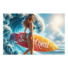 Confident Surfer Girl Walking Beach Waves Art フォトプリント