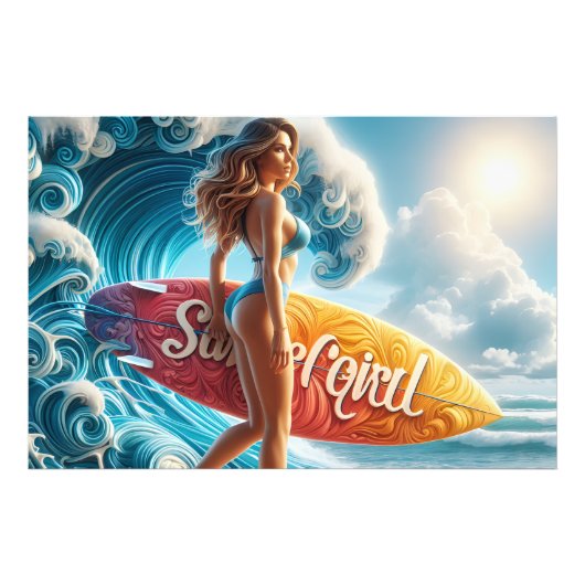 Confident Surfer Girl Walking Beach Waves Art フォトプリント (正面)