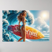 Confident Surfer Girl Walking Beach Waves Art ポスター (正面)