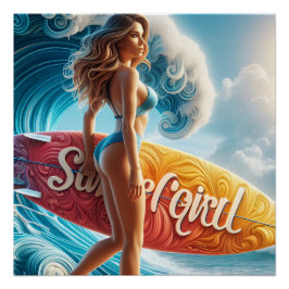 Confident Surfer Girl Walking Beach Waves Art ポスター