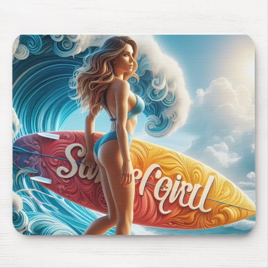 Confident Surfer Girl Walking Beach Waves Art マウスパッド (正面)