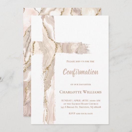 Confirmation beige pink agate Holy Cross 招待状 (正面/裏面)