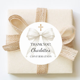 Confirmation bow ivory pearls cross thank you ラウンドシール