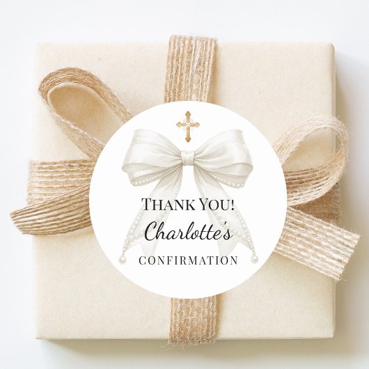 Confirmation bow ivory pearls cross thank you ラウンドシール