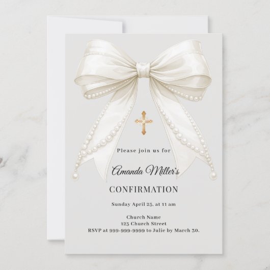 Confirmation bow ivory pearls girl gray 招待状 (正面)