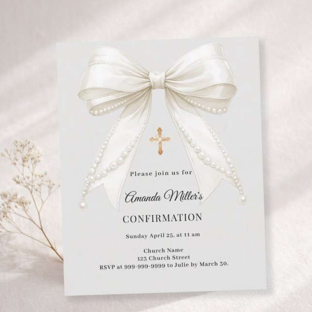 Confirmation bow ivory pearls girl gray invitation (クリエイターアップロード済み)