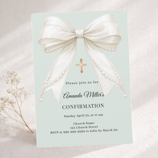 Confirmation bow ivory pearls girl sage green 招待状