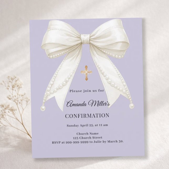 Confirmation bow ivory pearls lavender invitation (クリエイターアップロード済み)
