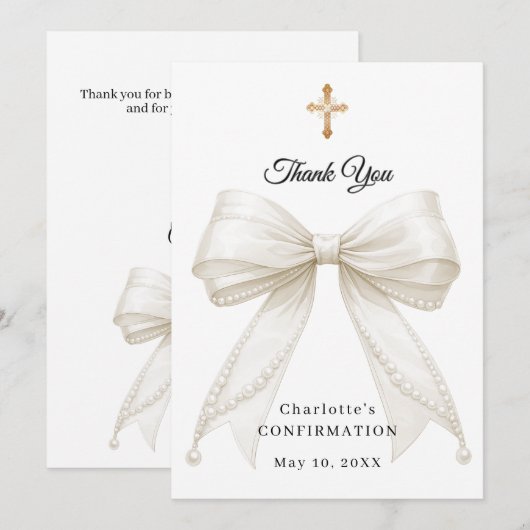 Confirmation bow white ivory pearls サンキューカード (正面/裏面)