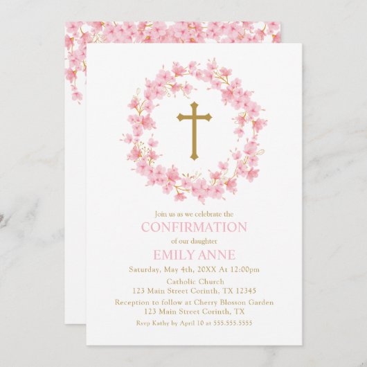 Confirmation Cherry Blossom floral Invitation  招待状 (正面/裏面)