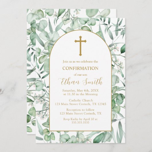 Confirmation Eucalyptus leaves Invitation 招待状 (正面/裏面)