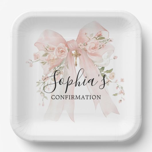 Confirmation Girl Pink Bow Roses ペーパープレート (正面)