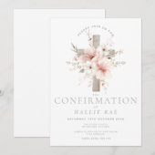 Confirmation Invitation Girl, Modern Floral Cross 招待状 (正面/裏面)