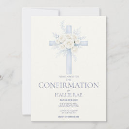 Confirmation Invite, Modern Blue Floral Cross 招待状