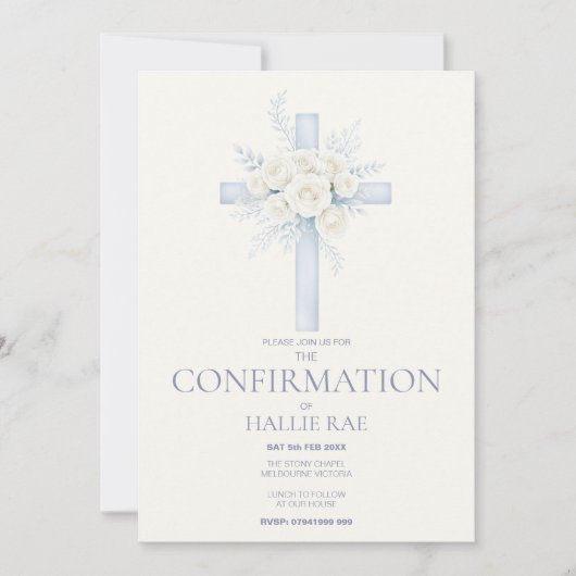 Confirmation Invite, Modern Blue Floral Cross 招待状 (正面)